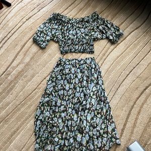 Maje - Silk flower print blouse and skirt set, size 1